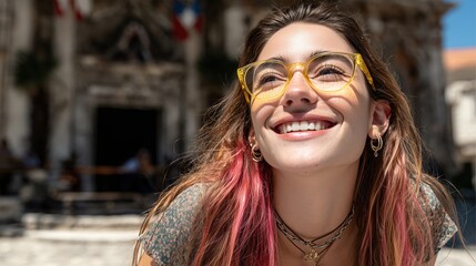 Jeune femme souriante avec lunettes jaunes et cheveux color&eacute;s en ville