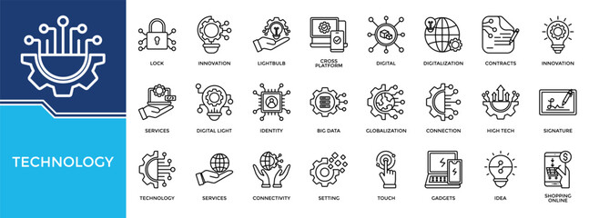 Technology icon set collection. Containing commitment, services, connectivity, link, creation, signature, touch .Line vector icons collection © nasikun