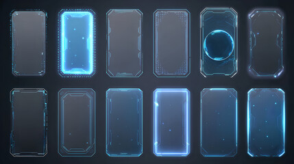 Liquid glass button interface, light frame banner set, glass panel set for mobile and web app, tech board frame in futuristic style. Light banner collection with glow effect, vector illustration.