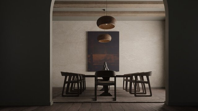 A minimalist dining room viewed through an archway features a wooden table, chairs, and woven lamps against a textured wall with abstract art, rendered as a 3D interior design.