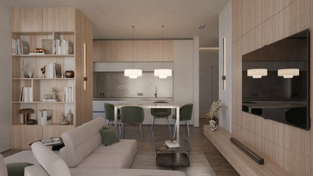 A modern open-plan apartment features a beige sofa, wooden media wall with TV, and a dining area with green chairs near a kitchen, rendered as a cozy 3D interior design.