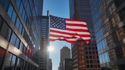 American Flag Waving Between Tall Glass Skyscrapers Under a Clear Blue Sky Keywords: american flag, usa, flag, united states, patriotism, freedom, independence, skyscrapers, buildings