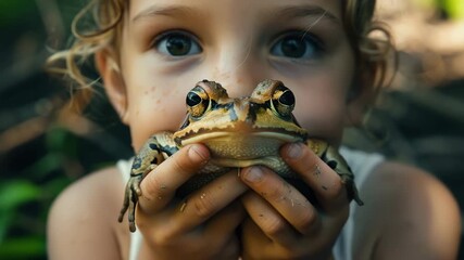 close-up of a child holding a frog. Selective focus