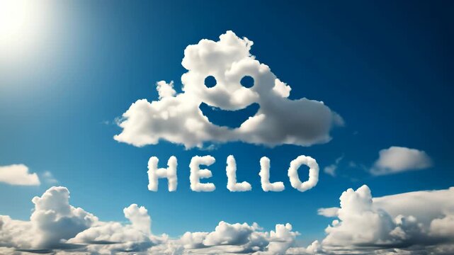 Cheerful cloud animation with smiling face forming "hello" in sky