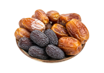 assorted dried dates on wooden plate closeup