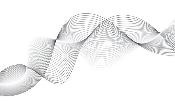 Abstract gray flowing wave lines on white background, modern minimal dynamic sound wave curve, elegant technology motion line design.