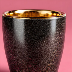 Black Metallic Cup with Golden Reflection on Pink Background