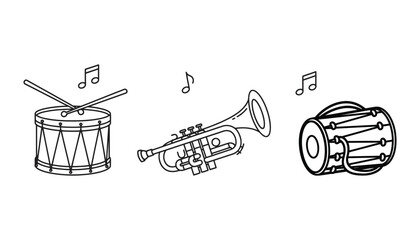 Musical instruments trio drums trumpet and cymbals in harmony