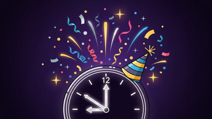 New year celebration concept with clock striking midnight surrounded by fireworks and party hat on purple background with new year s eve and festive
