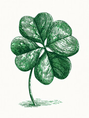 A detailed green four-leaf clover illustration on a plain white background with elegant line work