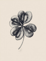 A detailed black and white illustration of a four-leaf clover on a cream background