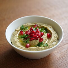 Delicious bowl of hummus with pomegranate seeds and herbs on wooden table
