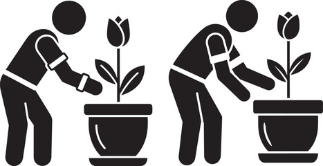 Two silhouette gardeners caring for plants love