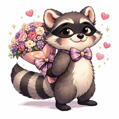 Charming raccoon with a pastel plaid bow offers a vibrant bouquet, spreading love and sweetness. Great for greeting cards or Valentine's Day content.