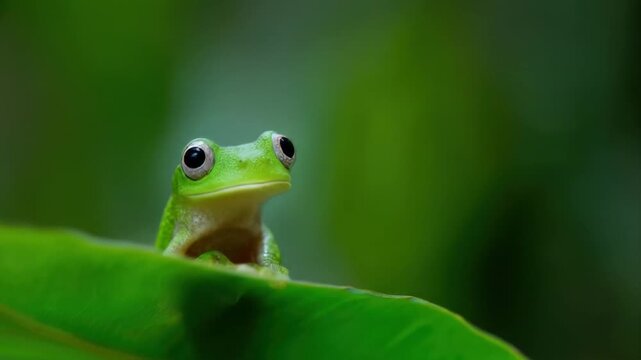 Close up of a vibrant green frog perched on a lush blurred leaf
