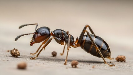 Macro view of ant on dark soil with soft-focus background
