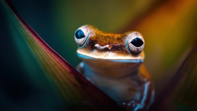 Close up of a frog perched on a vibrant leaf natural environment scene