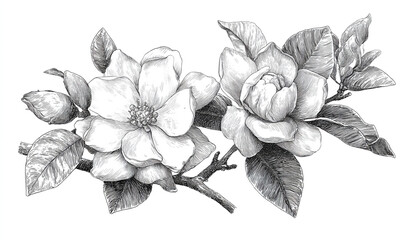 A detailed black and white illustration of two magnolia flowers on a branch with leaves