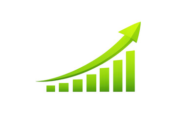 Green arrow rising over increasing bar chart showing business growth, financial success, and market trend on transparent background