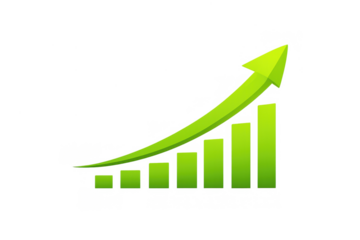 Green arrow rising over increasing bar chart showing business growth, financial success, and market trend on transparent background