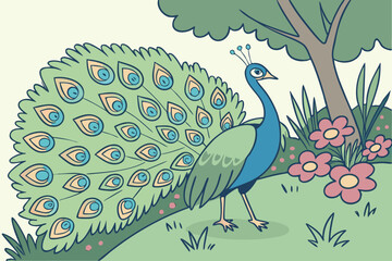 A peacock spreading its feathers in a garden