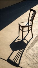 Wooden Chair Casting Long Shadow on Sunlit Concrete Surface