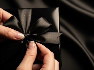 Hands Tying a Black Ribbon on a Gift Box
