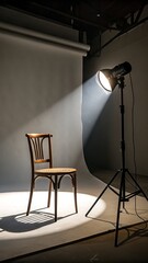 Wooden Chair Under Spotlight in Minimalist Photography Studio