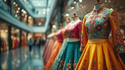 Elegant Mannequins Displaying Traditional Embroidered Lehengas in a High Fashion Store