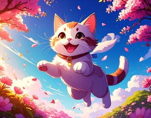 A joyful kitten leaping through a paradise of cherry blossoms.