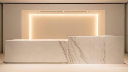 Modern Reception Desk with Soft Backlighting in a Contemporary Office Space.