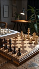 Wooden Chessboard with Pieces in Starting Position in Cozy Room