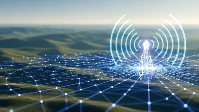 Futuristic 5G Network Tower Broadcasting Signals Across Digital Landscape.
