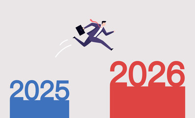 A businessman runs to leap from the 2025 platform to the 2026 platform, symbolizing a proactive shift to pursue new goals in the upcoming year.