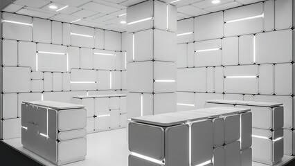 Modern Exhibition Booth Design with Geometric Panels and Integrated Lighting.