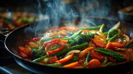 Close-Up Shot of Steaming Stir-Fried Vegetable Dish in a Pan