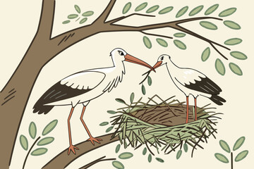 A pair of birds building a nest together