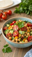 Colorful Chickpea Salad with Fresh Vegetables and Herbs on Wooden Surface