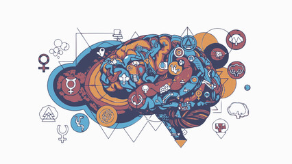 Vibrant brain illustration with astrology symbols and geometric shapes