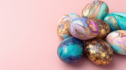 Colorful eggs displayed on a pink background for a spring holiday celebration