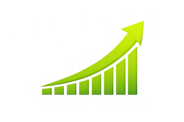 Green ascending arrow and bar chart showing business growth, increasing profits, and financial success on transparent background