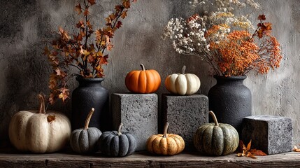 Rustic Still Life of Decorative Pumpkins and Fall Foliage in Vases