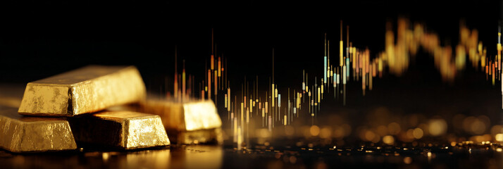 Three gold bars stacked on a reflective surface with a blurred stock market graph in the background