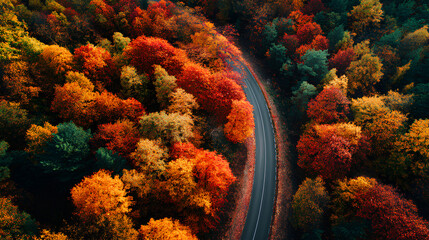 Top view road in beautiful autumn forest at sunset, trees with red and orange leaves, Beautiful landscape view from flying drone in Nature