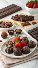 Assorted Chocolate Truffles and Strawberries on Marble Surface
