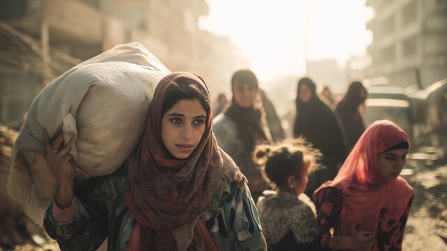 Menschen auf der Flucht durch kriegszerst&ouml;rte Regionen, humanit&auml;re Krise, Vertreibung und Hoffnung auf Sicherheit