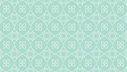 Seamless geometric pattern background in mint green with elegant white ornamental lines. Abstract star and floral motifs create a sophisticated repeating design