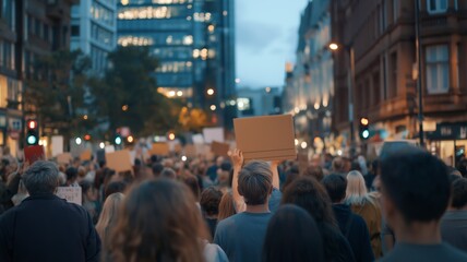 Obraz premium Friedliche Demonstration in einer Großstadt mit Menschenmenge, Protestschildern und Botschaften für Frieden und gesellschaftlichen Wandel