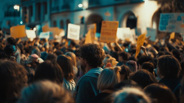 Friedliche Demonstration in einer Gro&szlig;stadt mit Menschenmenge, Protestschildern und Botschaften f&uuml;r Frieden und gesellschaftlichen Wandel