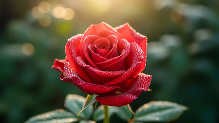 A beautiful macro image of a single red rose flower with glistening dew drops, symbolizing nature's beauty and romance